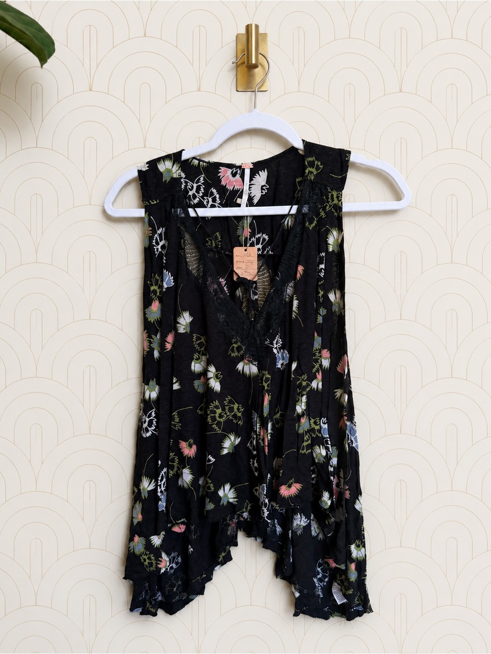 Free People Black Floral Lace-Trim V-Neck Asymmetrical Tunic TankTop